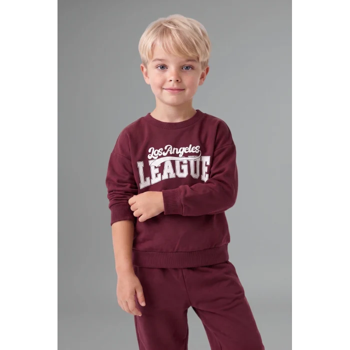Defacto H8483A5BR115 Bordo %100 Pamuk Bisiklet Yaka Baskılı Sweatshirt Üst Esnek Belli Eşofman Altı 2li Takım Erkek Bebek