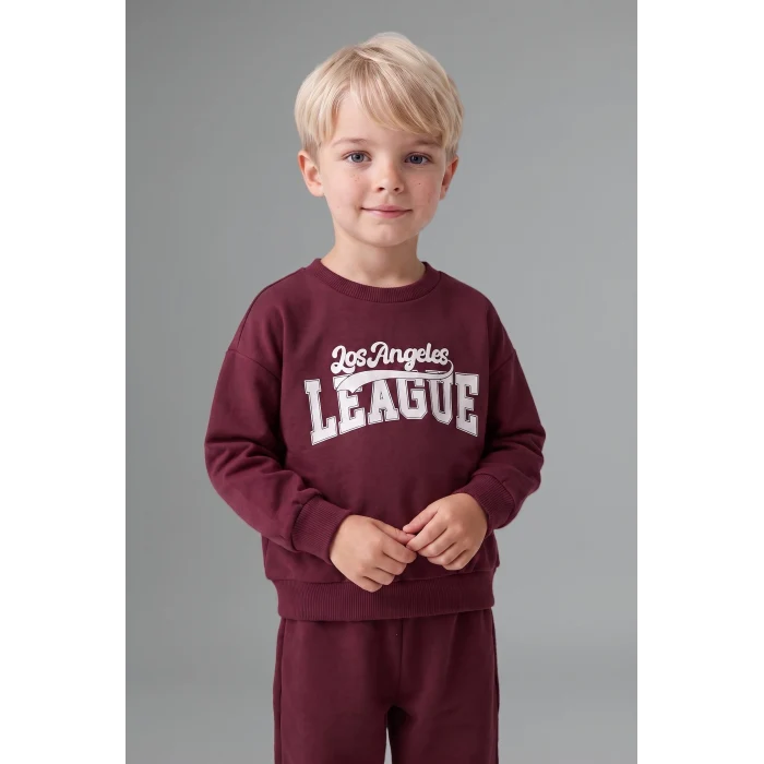 Defacto H8483A5BR115 Bordo %100 Pamuk Bisiklet Yaka Baskılı Sweatshirt Üst Esnek Belli Eşofman Altı 2li Takım Erkek Bebek