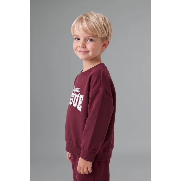 Defacto H8483A5BR115 Bordo %100 Pamuk Bisiklet Yaka Baskılı Sweatshirt Üst Esnek Belli Eşofman Altı 2li Takım Erkek Bebek