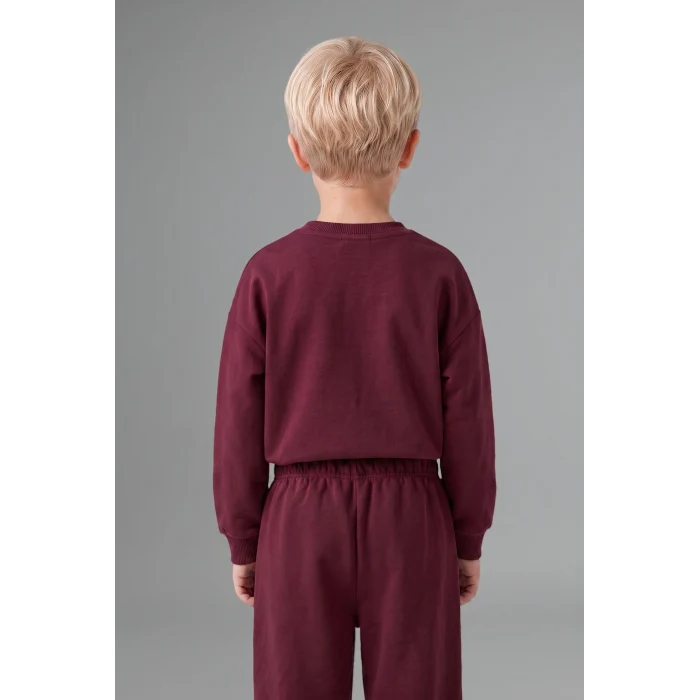 Defacto H8483A5BR115 Bordo %100 Pamuk Bisiklet Yaka Baskılı Sweatshirt Üst Esnek Belli Eşofman Altı 2li Takım Erkek Bebek
