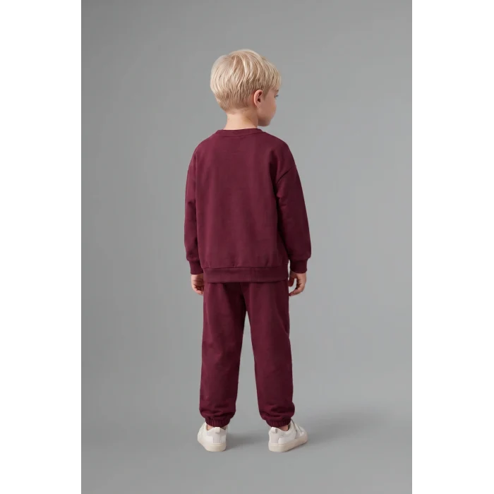 Defacto H8483A5BR115 Bordo %100 Pamuk Bisiklet Yaka Baskılı Sweatshirt Üst Esnek Belli Eşofman Altı 2li Takım Erkek Bebek
