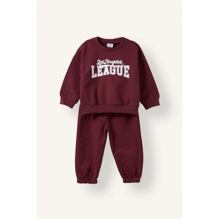 Defacto H8483A5BR115 Bordo %100 Pamuk Bisiklet Yaka Baskılı Sweatshirt Üst Esnek Belli Eşofman Altı 2li Takım Erkek Bebek
