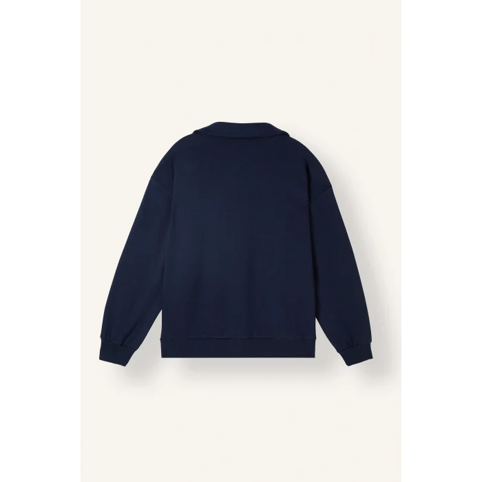 Defacto I3316AXNV251 Lacivert Okula Dönüş Relax Fıt Polo Yaka Baskılı Kalın Sweatshirt Kumaşı Sweatshirt