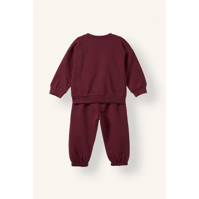 Defacto H8483A5BR115 Bordo %100 Pamuk Bisiklet Yaka Baskılı Sweatshirt Üst Esnek Belli Eşofman Altı 2li Takım Erkek Bebek