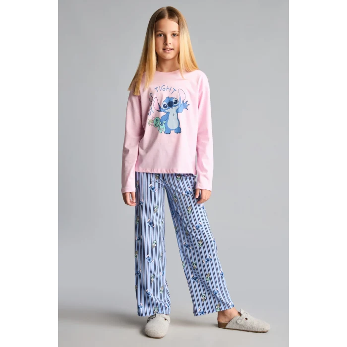 Defacto I1875A8PN693 Pembe %100 Pamuk Dısney Lılo & Stıtch Lisanslı Uzun Kolu Pijama Üstü Esnek Belli Uzun Pijama Altı 2li Pijama Takımı Kız Çocuk