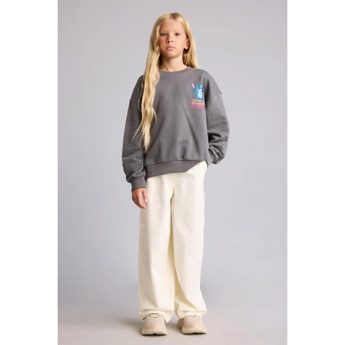 Defacto I5227A8GR206 Gri Dısney Lılo & Stıtch Sırt Baskılı Relax Fit Bisiklet Yaka Sweatshirt Kız Çocuk