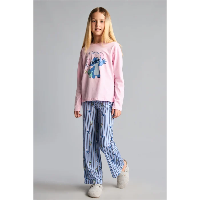 Defacto I1875A8PN693 Pembe %100 Pamuk Dısney Lılo & Stıtch Lisanslı Uzun Kolu Pijama Üstü Esnek Belli Uzun Pijama Altı 2li Pijama Takımı Kız Çocuk