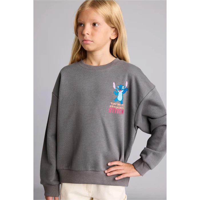Defacto I5227A8GR206 Gri Dısney Lılo & Stıtch Sırt Baskılı Relax Fit Bisiklet Yaka Sweatshirt Kız Çocuk