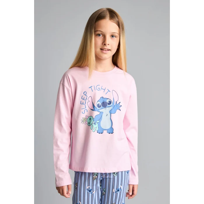 Defacto I1875A8PN693 Pembe %100 Pamuk Dısney Lılo & Stıtch Lisanslı Uzun Kolu Pijama Üstü Esnek Belli Uzun Pijama Altı 2li Pijama Takımı Kız Çocuk