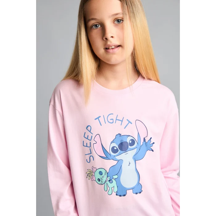 Defacto I1875A8PN693 Pembe %100 Pamuk Dısney Lılo & Stıtch Lisanslı Uzun Kolu Pijama Üstü Esnek Belli Uzun Pijama Altı 2li Pijama Takımı Kız Çocuk