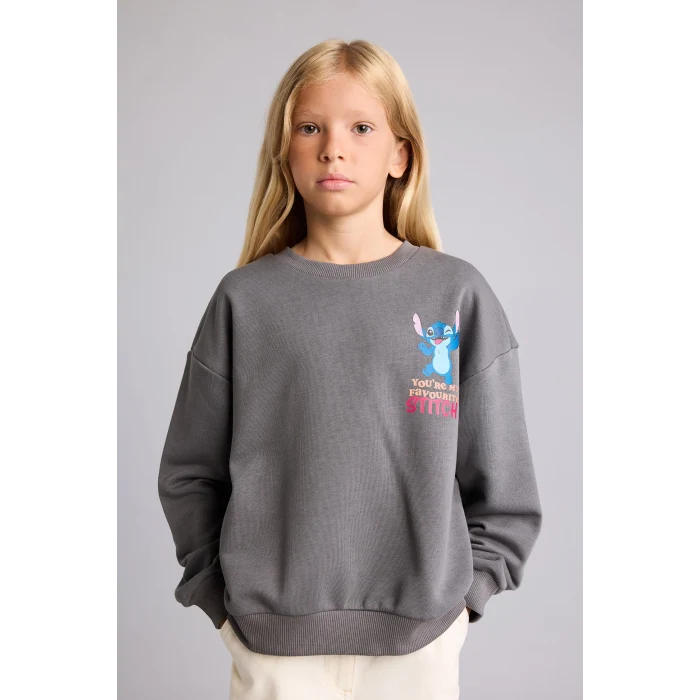 Defacto I5227A8GR206 Gri Dısney Lılo & Stıtch Sırt Baskılı Relax Fit Bisiklet Yaka Sweatshirt Kız Çocuk
