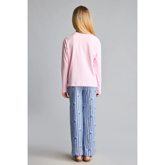 Defacto I1875A8PN693 Pembe %100 Pamuk Dısney Lılo & Stıtch Lisanslı Uzun Kolu Pijama Üstü Esnek Belli Uzun Pijama Altı 2li Pijama Takımı Kız Çocuk