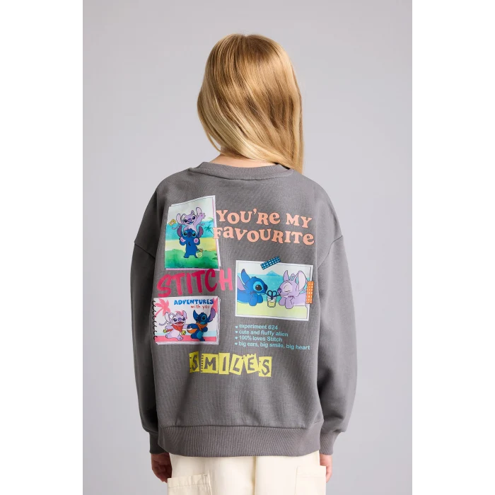 Defacto I5227A8GR206 Gri Dısney Lılo & Stıtch Sırt Baskılı Relax Fit Bisiklet Yaka Sweatshirt Kız Çocuk