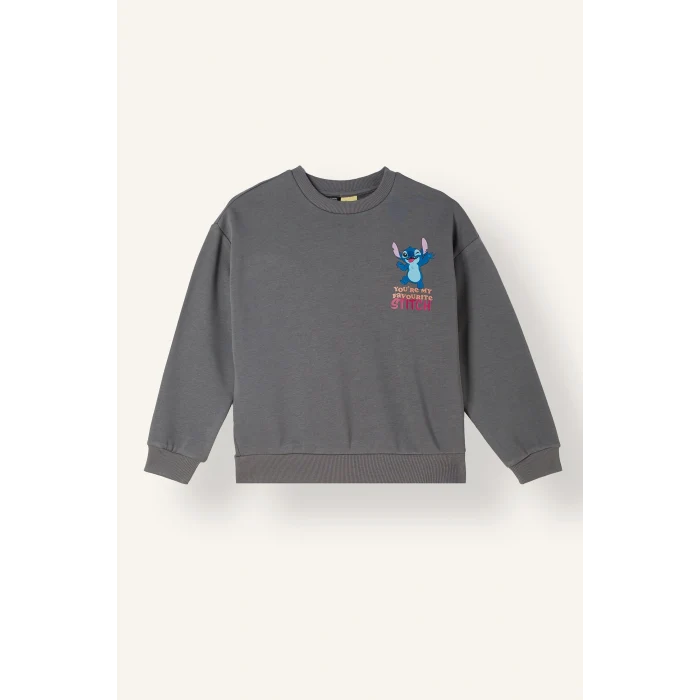 Defacto I5227A8GR206 Gri Dısney Lılo & Stıtch Sırt Baskılı Relax Fit Bisiklet Yaka Sweatshirt Kız Çocuk