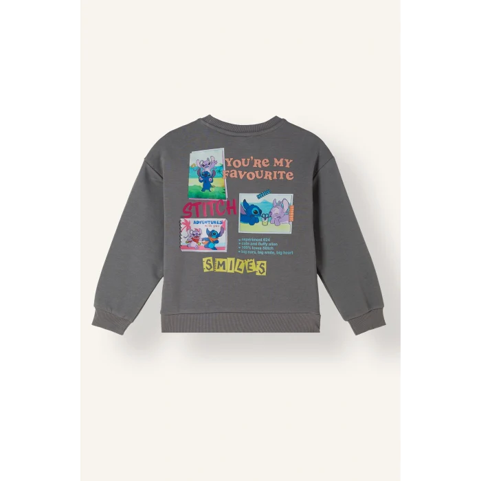 Defacto I5227A8GR206 Gri Dısney Lılo & Stıtch Sırt Baskılı Relax Fit Bisiklet Yaka Sweatshirt Kız Çocuk