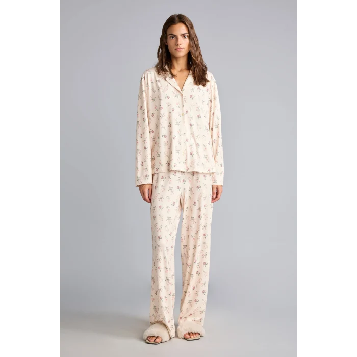 Defacto I5522AXBG824 Bej Regular Fit Çiçekli Uzun Kollu Üst Geniş Kesim Alt Pijama Takımı