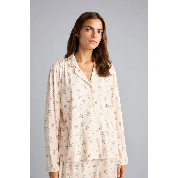 Defacto I5522AXBG824 Bej Regular Fit Çiçekli Uzun Kollu Üst Geniş Kesim Alt Pijama Takımı