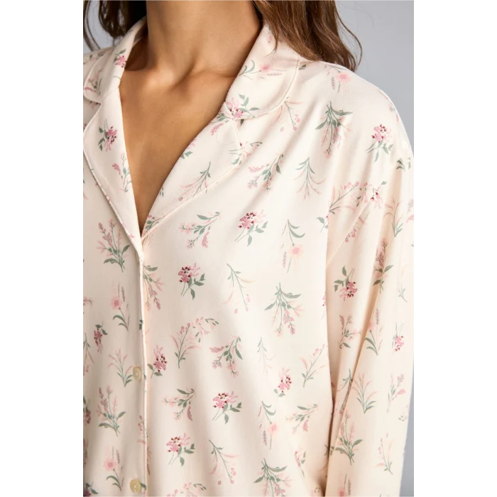Defacto I5522AXBG824 Bej Regular Fit Çiçekli Uzun Kollu Üst Geniş Kesim Alt Pijama Takımı