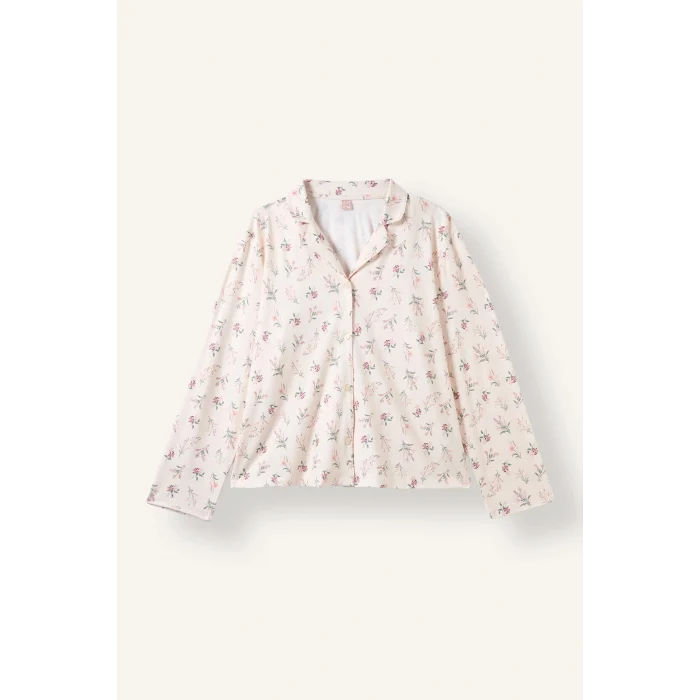 Defacto I5522AXBG824 Bej Regular Fit Çiçekli Uzun Kollu Üst Geniş Kesim Alt Pijama Takımı