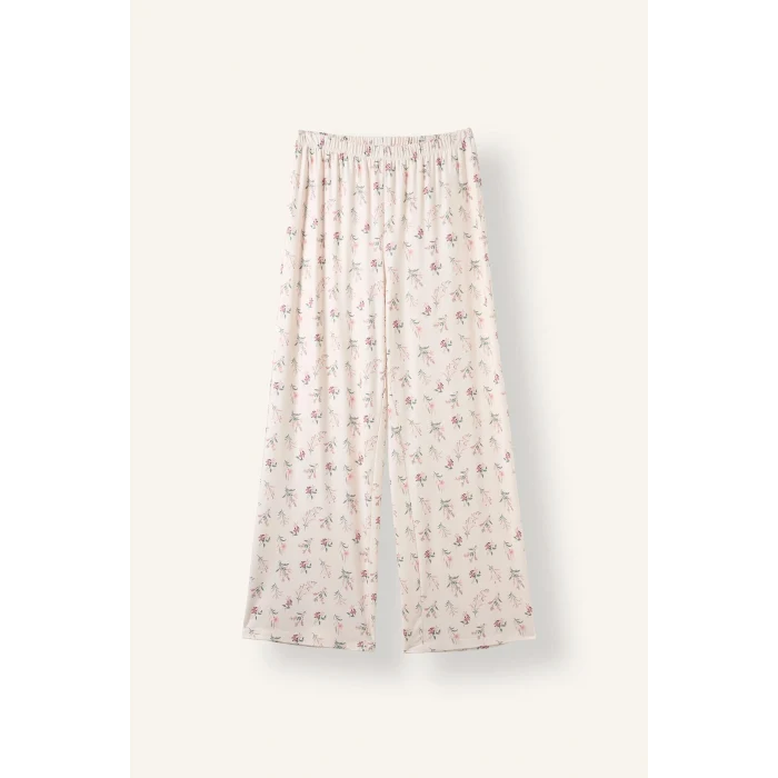 Defacto I5522AXBG824 Bej Regular Fit Çiçekli Uzun Kollu Üst Geniş Kesim Alt Pijama Takımı