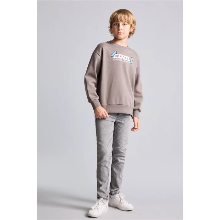 Defacto I0114A8BN571 Kahve Oversize Bisiklet Yaka Sırt Baskılı İçi Yumuşak Tüylü Sweatshirt Erkek Çocuk