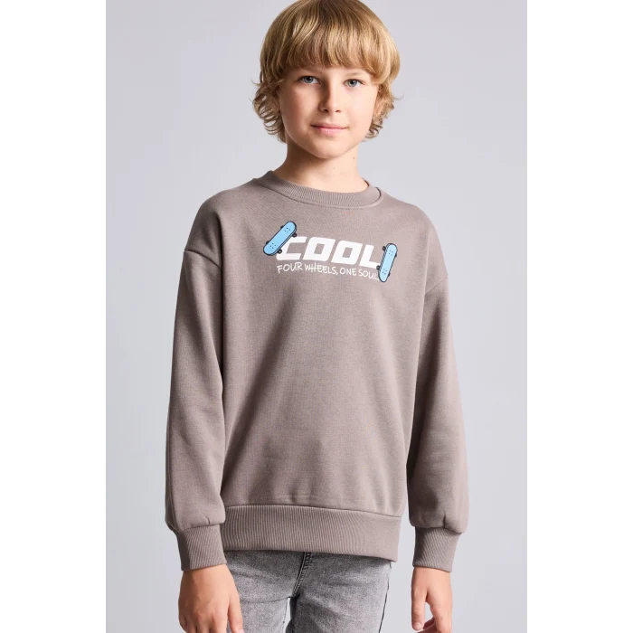 Defacto I0114A8BN571 Kahve Oversize Bisiklet Yaka Sırt Baskılı İçi Yumuşak Tüylü Sweatshirt Erkek Çocuk