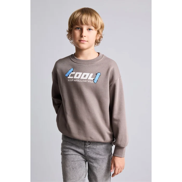 Defacto I0114A8BN571 Kahve Oversize Bisiklet Yaka Sırt Baskılı İçi Yumuşak Tüylü Sweatshirt Erkek Çocuk