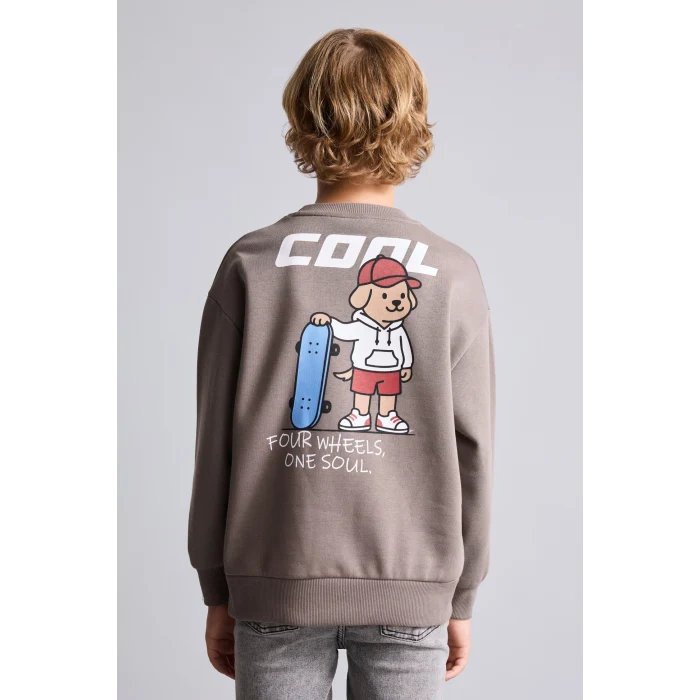 Defacto I0114A8BN571 Kahve Oversize Bisiklet Yaka Sırt Baskılı İçi Yumuşak Tüylü Sweatshirt Erkek Çocuk