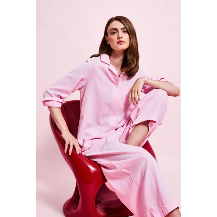 Defacto I1000AXPN440 Pembe Oversıze Pijama Yaka Keten Karışımlı Uzun Kollu Pembe Gömlek