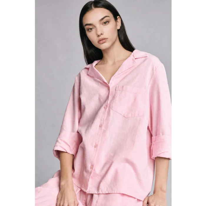 Defacto I1000AXPN440 Pembe Oversıze Pijama Yaka Keten Karışımlı Uzun Kollu Pembe Gömlek