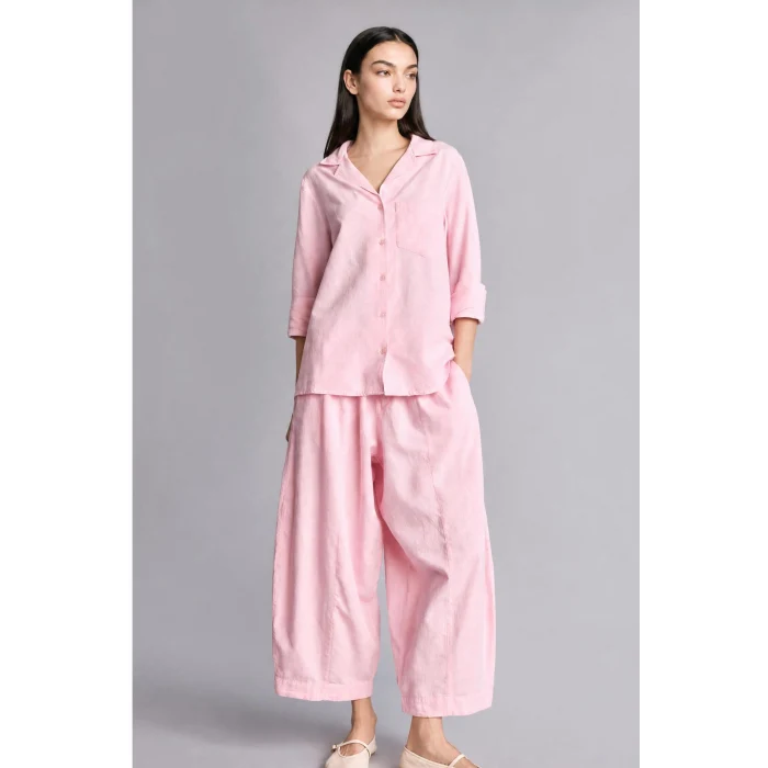 Defacto I1000AXPN440 Pembe Oversıze Pijama Yaka Keten Karışımlı Uzun Kollu Pembe Gömlek