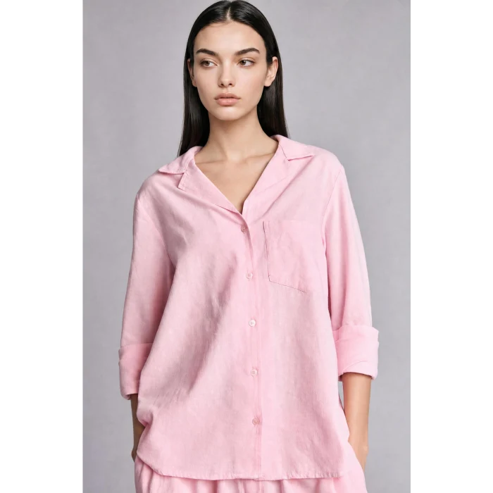 Defacto I1000AXPN440 Pembe Oversıze Pijama Yaka Keten Karışımlı Uzun Kollu Pembe Gömlek