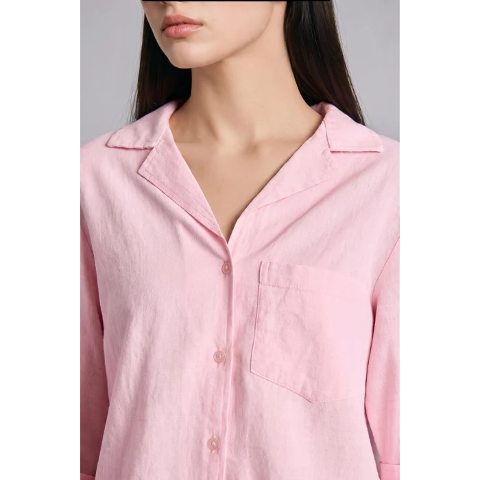 Defacto I1000AXPN440 Pembe Oversıze Pijama Yaka Keten Karışımlı Uzun Kollu Pembe Gömlek
