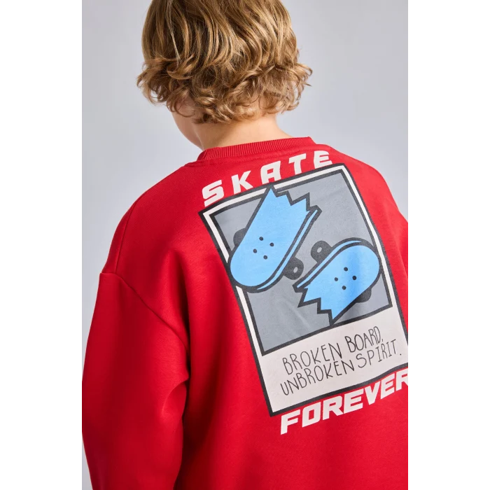Defacto I0114A8RD79 Kırmızı Oversize Bisiklet Yaka Sırt Baskılı İçi Yumuşak Tüylü Sweatshirt Erkek Çocuk