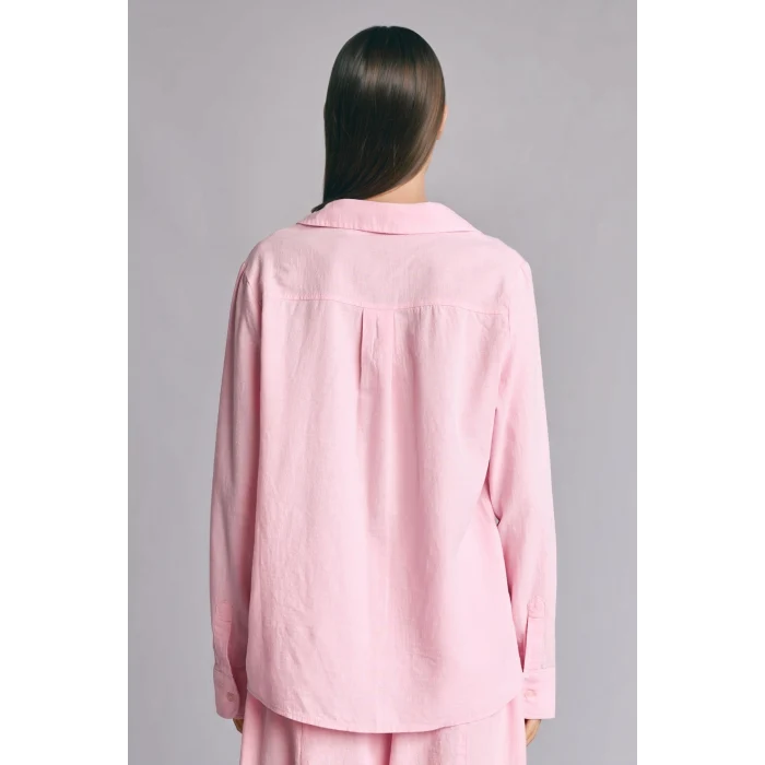 Defacto I1000AXPN440 Pembe Oversıze Pijama Yaka Keten Karışımlı Uzun Kollu Pembe Gömlek