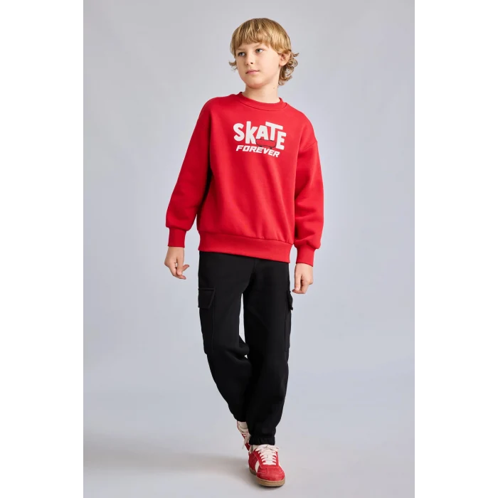 Defacto I0114A8RD79 Kırmızı Oversize Bisiklet Yaka Sırt Baskılı İçi Yumuşak Tüylü Sweatshirt Erkek Çocuk