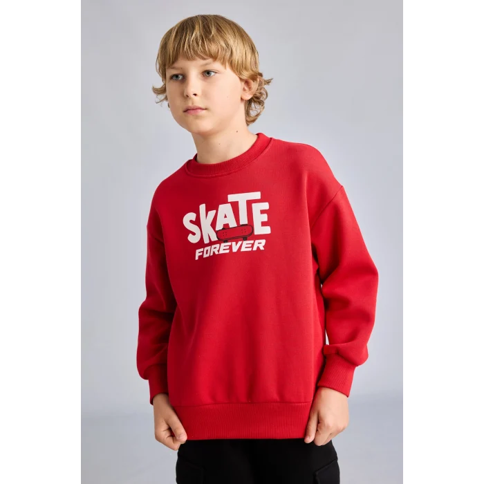 Defacto I0114A8RD79 Kırmızı Oversize Bisiklet Yaka Sırt Baskılı İçi Yumuşak Tüylü Sweatshirt Erkek Çocuk