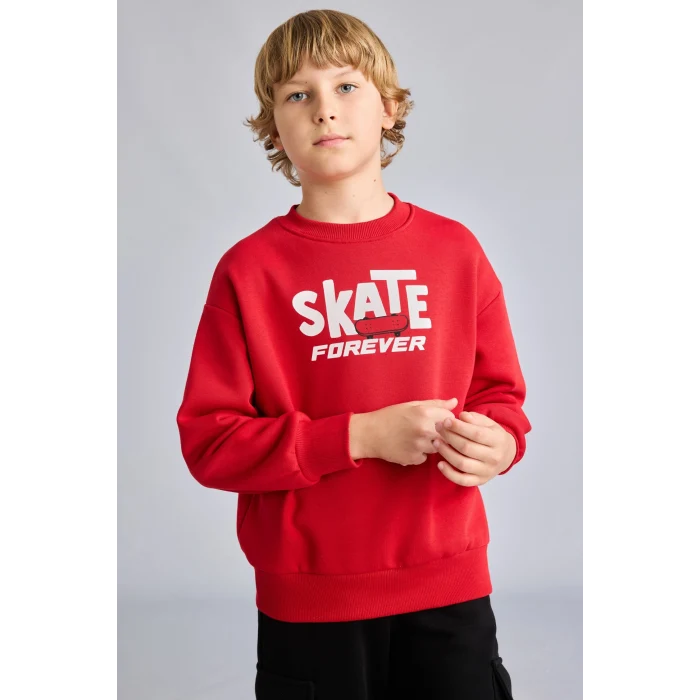 Defacto I0114A8RD79 Kırmızı Oversize Bisiklet Yaka Sırt Baskılı İçi Yumuşak Tüylü Sweatshirt Erkek Çocuk