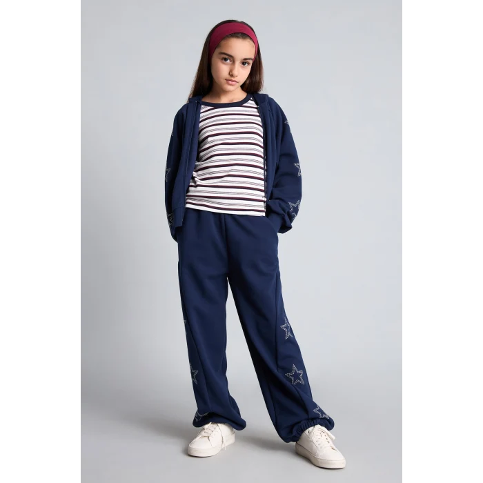 Defacto H9740A8NV31 Lacivert Pamuklu Baggy Fıt Yıldız Baskılı Cepli Eşofman Altı Kız Çocuk