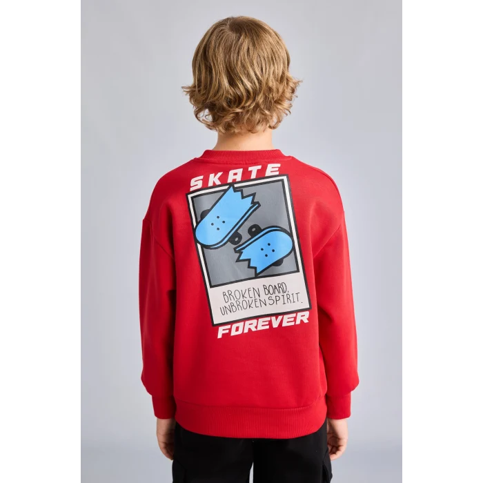 Defacto I0114A8RD79 Kırmızı Oversize Bisiklet Yaka Sırt Baskılı İçi Yumuşak Tüylü Sweatshirt Erkek Çocuk