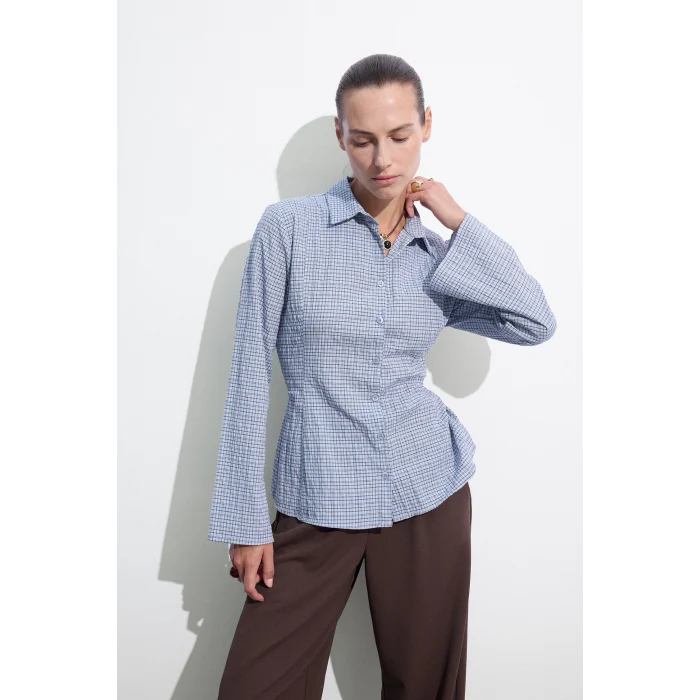 Defacto H9494AXBE789 Mavi Regular Fit Kareli Gofre Dokulu Geniş Uzun Kollu Gömlek