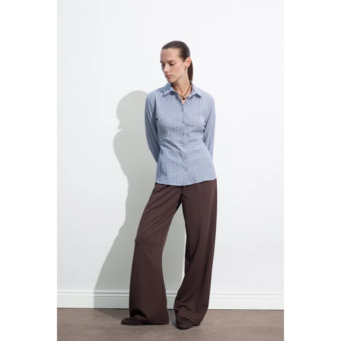 Defacto H9494AXBE789 Mavi Regular Fit Kareli Gofre Dokulu Geniş Uzun Kollu Gömlek