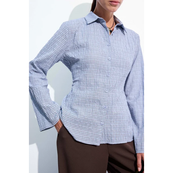 Defacto H9494AXBE789 Mavi Regular Fit Kareli Gofre Dokulu Geniş Uzun Kollu Gömlek