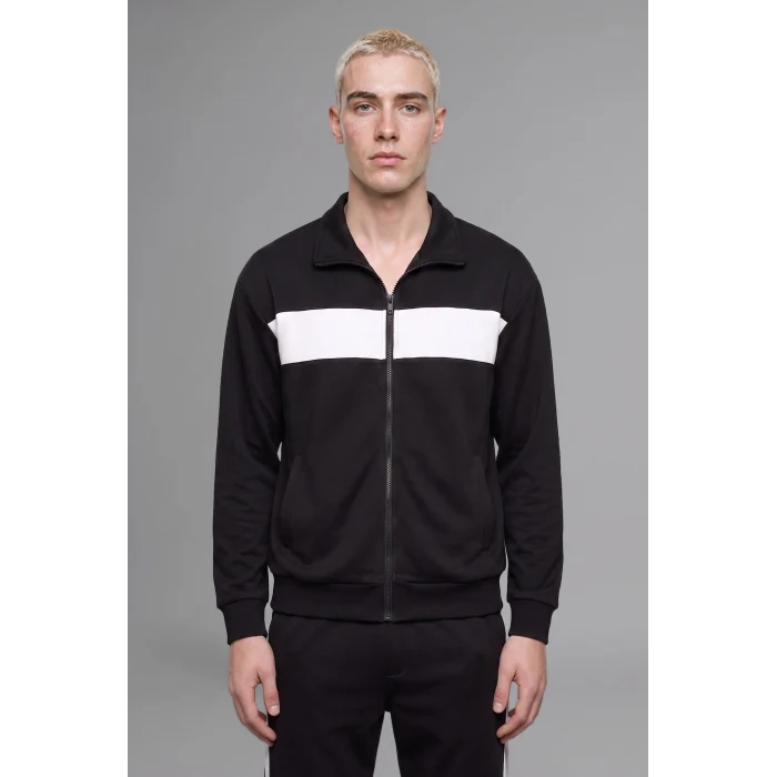 Defacto I0631AXBK81 Siyah Boxy Fit Polo Yaka Fermuarlı Şeritli Sweatshirt Hırka