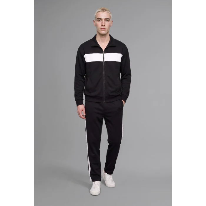 Defacto I0631AXBK81 Siyah Boxy Fit Polo Yaka Fermuarlı Şeritli Sweatshirt Hırka