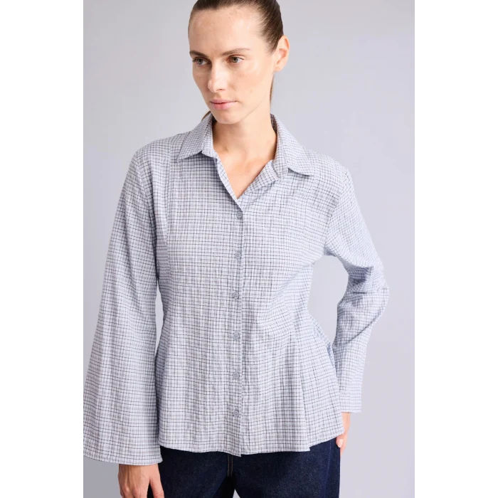 Defacto H9494AXBE789 Mavi Regular Fit Kareli Gofre Dokulu Geniş Uzun Kollu Gömlek