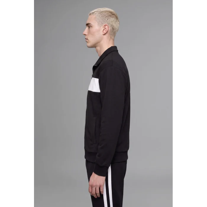 Defacto I0631AXBK81 Siyah Boxy Fit Polo Yaka Fermuarlı Şeritli Sweatshirt Hırka