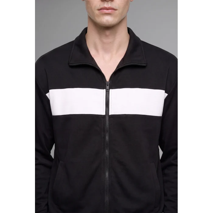 Defacto I0631AXBK81 Siyah Boxy Fit Polo Yaka Fermuarlı Şeritli Sweatshirt Hırka