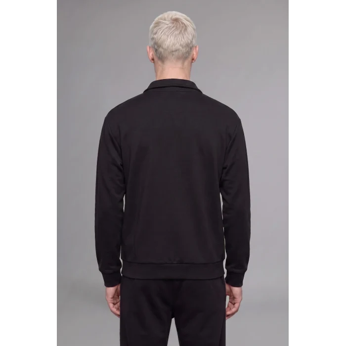 Defacto I0631AXBK81 Siyah Boxy Fit Polo Yaka Fermuarlı Şeritli Sweatshirt Hırka