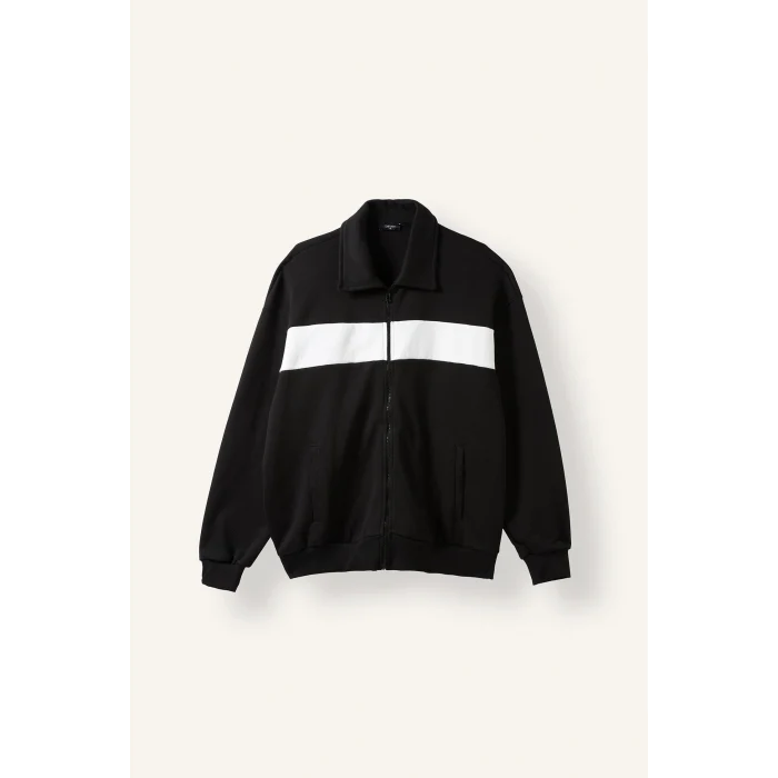 Defacto I0631AXBK81 Siyah Boxy Fit Polo Yaka Fermuarlı Şeritli Sweatshirt Hırka
